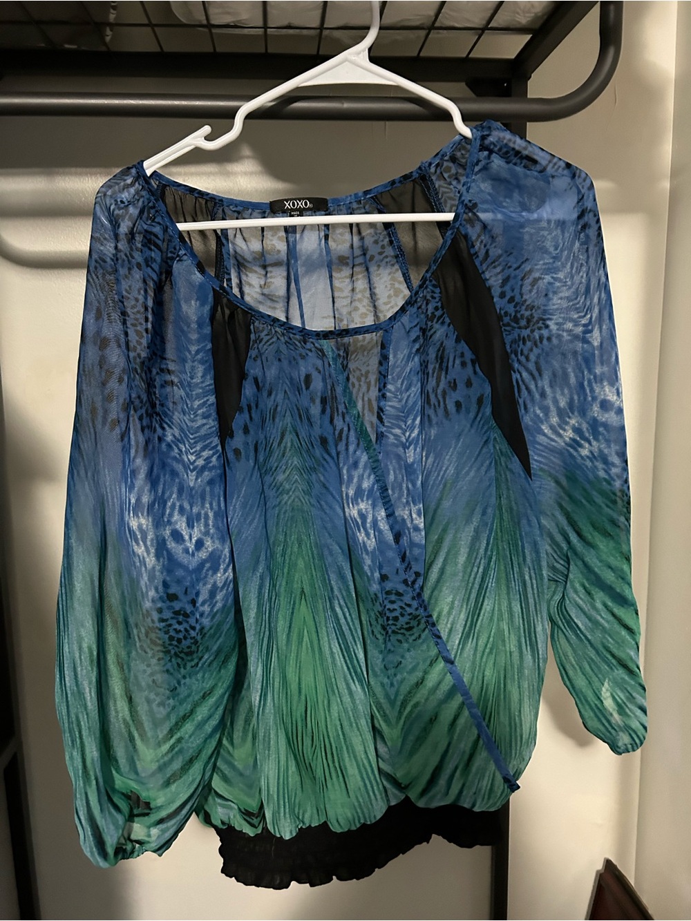 XOXO Blue and Green Sheer Printed Blouson Top